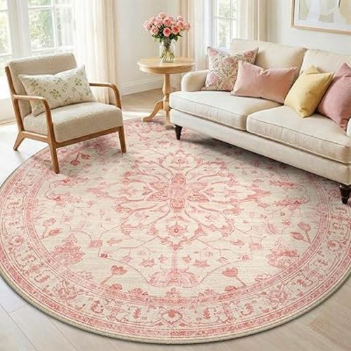 RELEANY Area Rugs Round 6ft Washable Non-Slip, Floral Vintage Distress Print Pattern Medallion Carpet for Living Room Bedroom Dining Room, Pink Light Vintage Pink