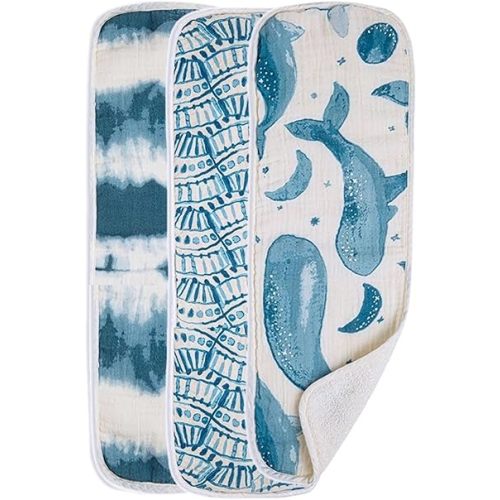 Crane Baby Muslin Burp Cloths, Nautical Theme Whale Design, Baby Boy Essentials, Cotton, Set of 3, 7" x 20" Blue Burp Cloth Set