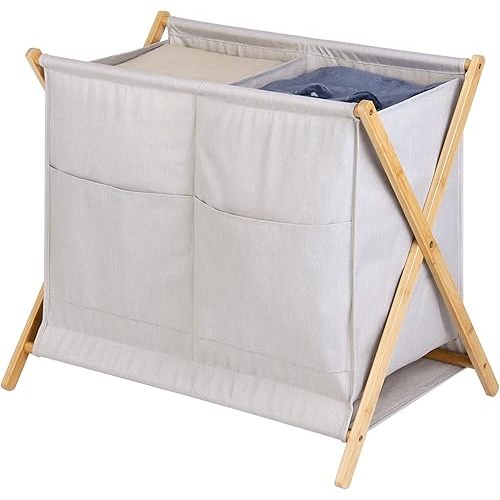 Double Laundry Basket - Bamboo X Frame for Dirty Clothes, 2 Section for Bathroom, Bedroom & Laundry Room, 100L (26.4 Gallon) Light Grey