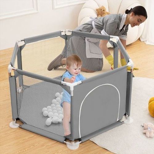 Gotgelif 50"x50" 6-panel Baby Playpen Spacious & Secure Foldable Playard Gray