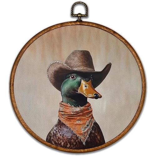 BCUANGD Western Hunting Round Wall Art Decor - Retro Duck Neutral Wall Art Canvas Frame Artwork Prints, Rustic Vintage Country Round Wall Hanging Decorations for Home Farmhouse Bedroom, 10"x10"