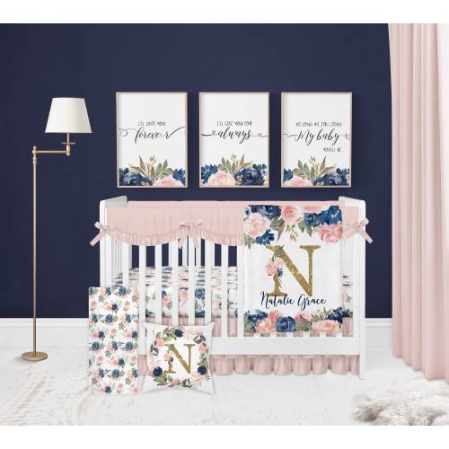 Floral Crib Bedding Set, Girl Crib Bedding, Personalized Baby Blanket, Navy And Pink Baby Bedding, Crib Sheets Girl, Navy Blush Pink Floral