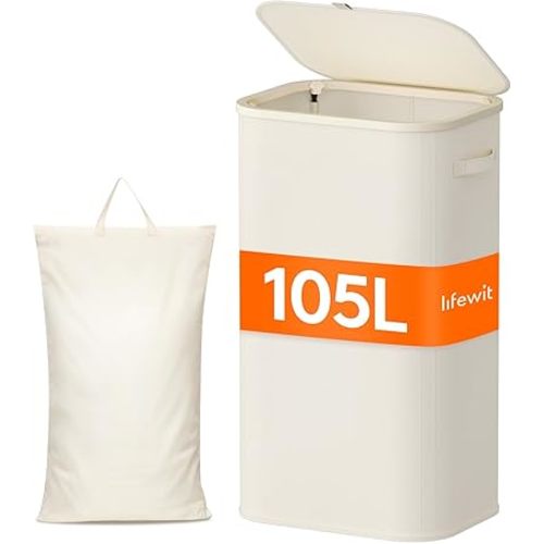 Lifewit 105L Laundry Basket with Lid, Large Laundry Hamper with Plastic Handles and Removable Bag, Foldable Tall Dirty Clothes Hampers for Laundry for Laundry Room, Bedroom, Bathroom, Dorm, White