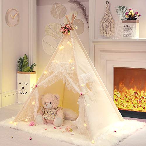 TreeBud Lace Teepee Tent for Girls Tipi Tent Ivory Canvas Classic Play Tent Play House Indoors for Kids Room Dcor