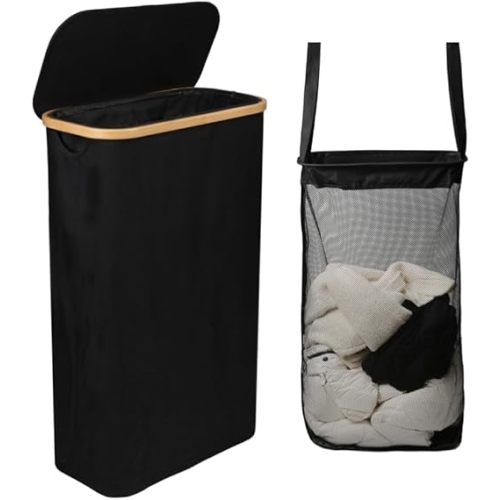 Slim Laundry Hamper with Lid, 60L Capacity, Bamboo Handles, and Steel Ring Removable Inner Bag - Collapsible Clothes Basket Laundry Organizer for Bedroom, Bathroom, Dorm, Black