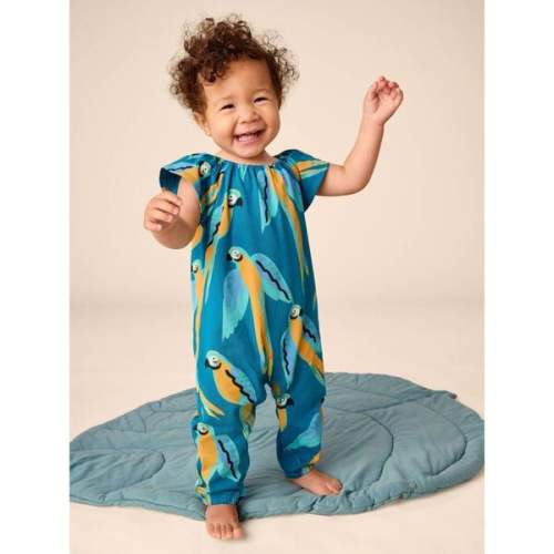 Flutter Sleeve Baby Romper, Blue & Yellow Macaws - Tea Collection | Maisonette