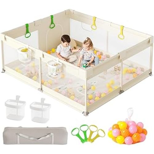 ZEEBABA Baby Playpen with Mat - 71x59in Extra Large Play Pen Play Yard for Indoor & Outdoor, Baby Fence Playard with Gate, Play Area for Toddler Parc pour Bébé (Beige)