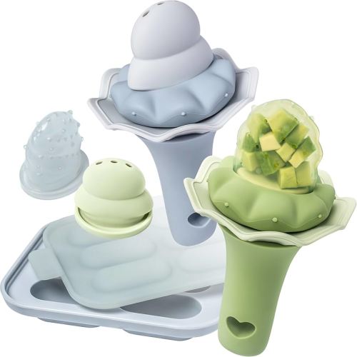 Moonkie Baby Fruit Feeder with Freezer Tray, Breastmilk Popsicle Molds for Teething Relief, Baby Teething Toy, BPA Free Silicone Food Feeder for Infant Self Feeding, Two Pouches, 4 Months+, 2 Pack