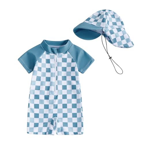 Dewadbow Baby Boy Girl Swimsuit Toddler Checkered Print Half Zip One Piece Bathing Suit Swimsuit Rash Guard Surfing Suit Hat