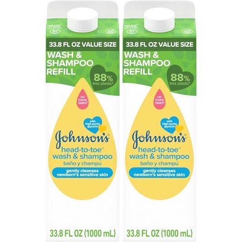 Johnson's Head-To-Toe Gentle Body Wash & Shampoo for Baby's Sensitive Skin & Hair, Tear-Free, Sulfate-Free & Hypoallergenic, Value Size Refill, 33.8 fl. oz (Pack of 2)