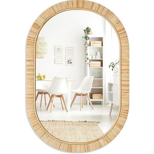Barnyard Designs Rattan Bathroom Mirror – Rustic Farmhouse Style Handmade Wicker Rattan Frame - Boho Mirror for Nursery Wall Décor (20" x 30", Oval)