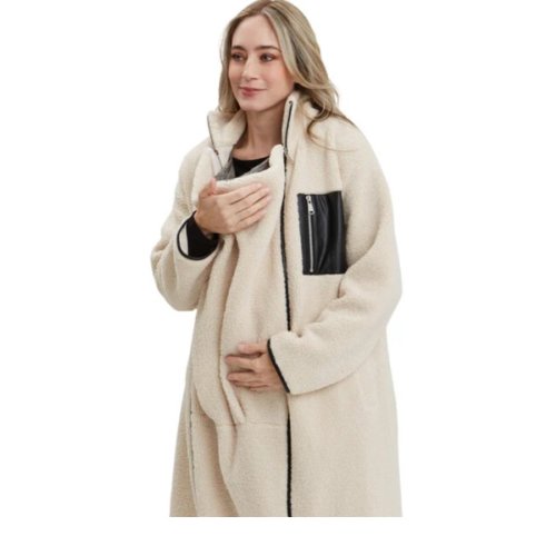 Teddi Stand Collar Double Zipper Long Maternity Coat, Cream - NOM Maternity Maternity Shop | Maisonette