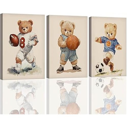 Vintage Nursery Decor Teddy Bear Sports Boys Canvas Wall Decor Baby Boy Nursery Decor Teddy Bear Nursery Decorations Vintage Sports Artworks for Walls Bedroom Playroom Stretched 12x16inches x3pcs