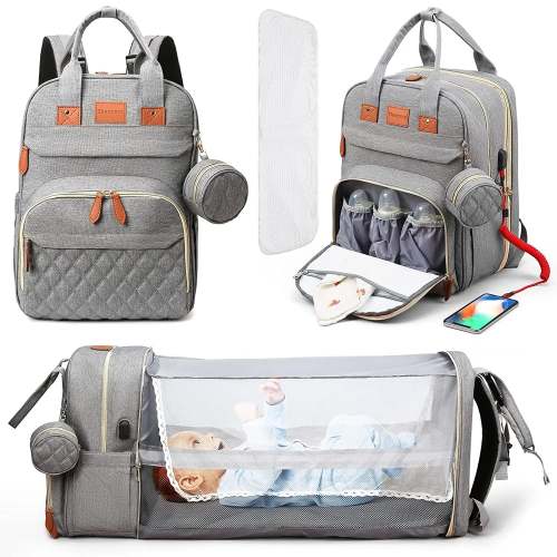Large Capacity Baby Diaper Bag with Changing Station & Expandable Bassinet