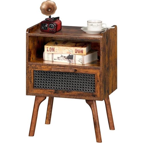Lerliuo Rattan Nightstand, Side Table with Drawer Open Shelf, Cane Accent Bedside End Table with Solid Wood Legs, Mid Century Modern Night Stand for Bedroom, Dorm and Small Spaces (Brown)