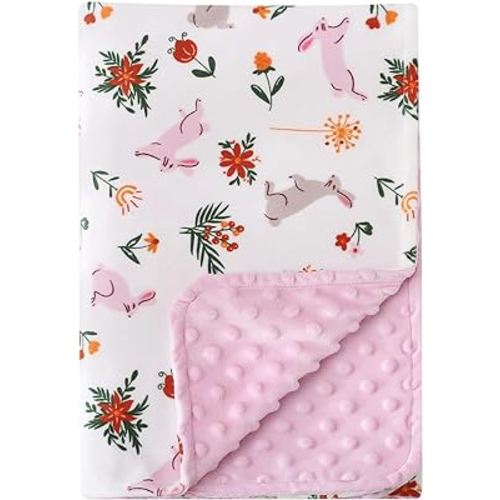 DaysU Silky Micro Soft Plush Baby Blankets for Girls with Print Rabbit Pattern and Soothing Raised Dots, Double Layer Bed Throws for Baby Crib, Rabbit, Pink, 30x40 Inches