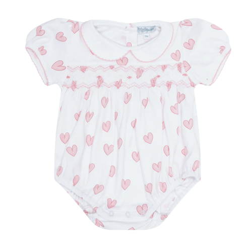 Heart Print Smocked Bubble - Pink