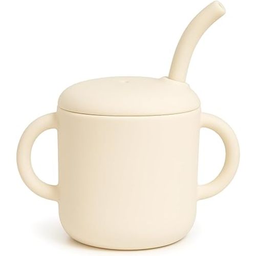 Premium Silicone Baby Straw Cup 6 floz, BPA-Free Food-Grade Silicone Sippy Cup for Infants and Toddlers 6months+, Leak-Resistant, Durable, Easy-Grip Training Design (Beige)