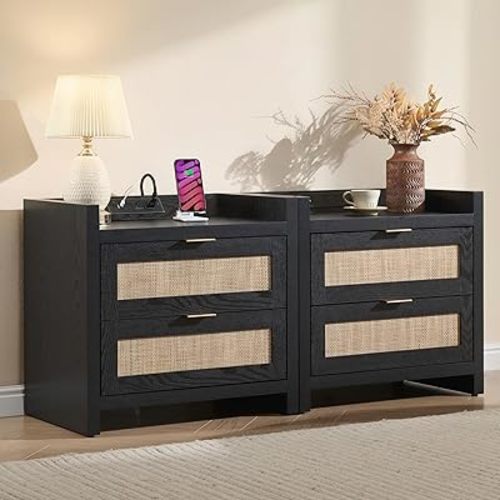 SICOTAS Black Nightstands Set of 2 Bed Side Table - Boho Night Stand End Table with Type-C Charging Station, 2 Rattan Decor Drawers Storage Cabinet Night Stands for Bedroom, Black Oak