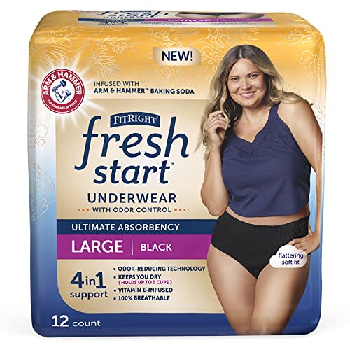 FitRight Fresh Start Incontinence and Postpartum Underwear for Women, Large, Black (12 Count) Ultimate Absorbency, Disposable Underwear with The Odor-Control Power of ARM & Hammer