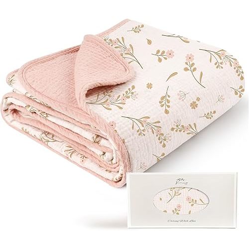 Konssy Muslin Baby Blankets for Girls Boys, 100% Cotton Crib Blanket for Infant Toddler, Super Soft and Lightweight Nursery Swaddling Wrap 40"x36" (Floral)