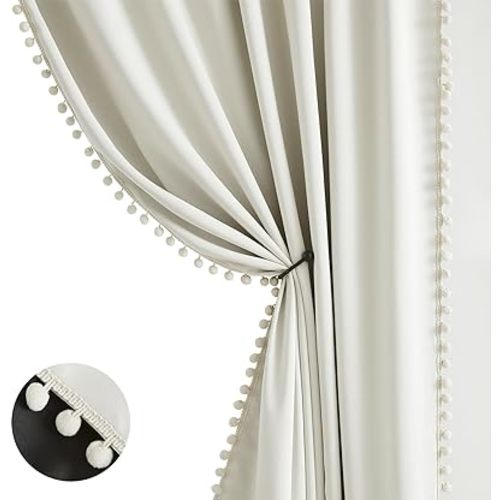 Ivory Full Blackout Curtains for Living Room Bedroom 95 inch Energy Saving Window Curtains Ivory/Beige Pom Pom Thermal Insulated Curtain Panels for Baby Nursery Girl's Room 52" W Rod Pocket 1 Pair