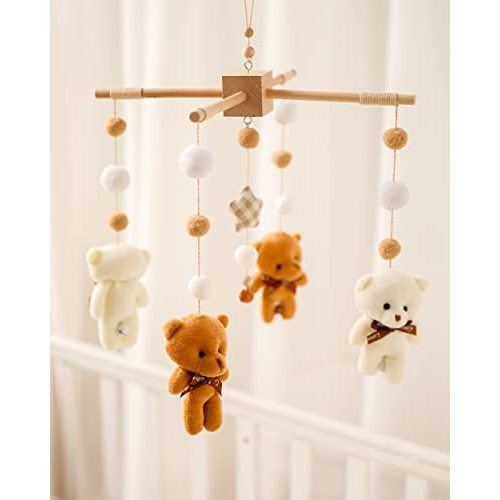 Baby Crib Mobile Animal Bear Crib Accessories Toys Safari Mobile for Bassinet Soothe Toy Boho Nursery Decor for Girls Boys Teddy Bear Room Decor