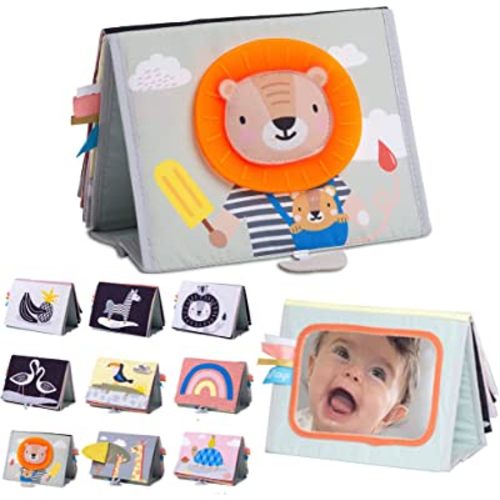 Taf Toys Savannah Infant Tummy-time Soft Crinkle Activity Book with Huge Baby Safe Mirror, 3D Activities, Textures and a Soft Baby Teether