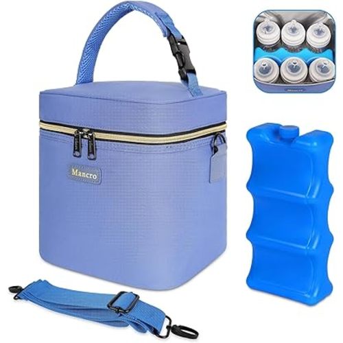 Mancro Breastmilk Cooler Bag with Ice Pack Fits 6 Baby Bottles Up to 9 Ounce, Insulated Baby Bottle Bag with Strap, Bottle Cooler Bag for Nursing Mom Daycare, Blue
