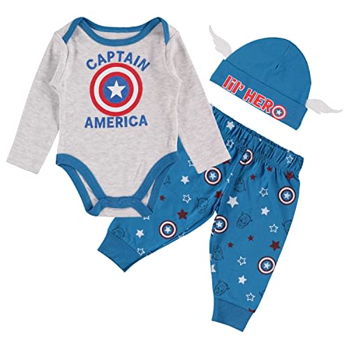 CAPTAIN AMERICA Marvel Baby Boys Clothing 3-Piece Set with Baby Bodysuit, Pants, and Hat - Newborn Boy Outfits