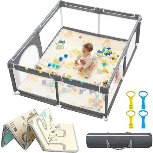 dearlomum Baby Playpen with Mat 71"x59", Extra Large Play Yard for Babies and Toddlers, Safety Baby Fence, Indoor & Outdoor Kids Activity Play Center with Anti-Slip Suckers and Zipper Gate(Gray)