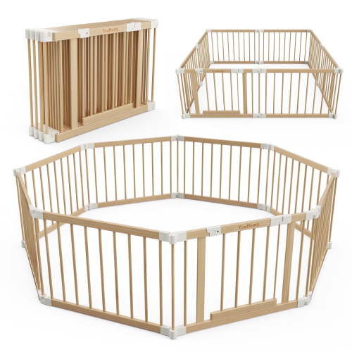 TouHeart Wooden Baby Gate Playpen, Foldable Adjustable Play Yard with 8 Panels, Natural Finish