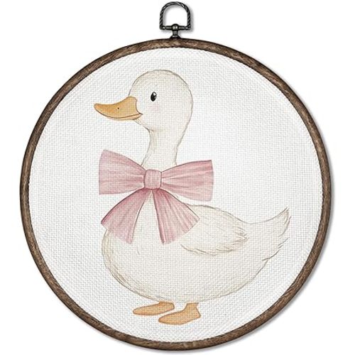 GWFSJYU Coquette Duck Framed Wall Art, Duck Nursery Decor, Cute Ducks Round Canvas Prints Wall Art, Vintage Pink Bow Ducks Wall Hanging Decor for Bathroom Nursery Bedroom Girls Room, 10x10inch