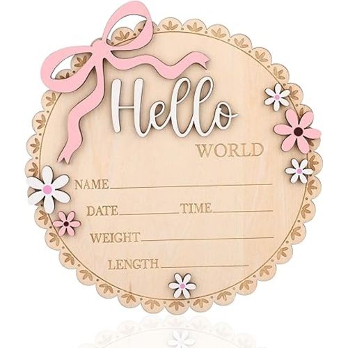 Newborn Announcement Sign, 15cm/5.9in Wooden Hello World Newborn Sign Birth Baby Name Plaques for Boys and Girls Baby Shower Photo Props or Nursery Decor (Light Pink)