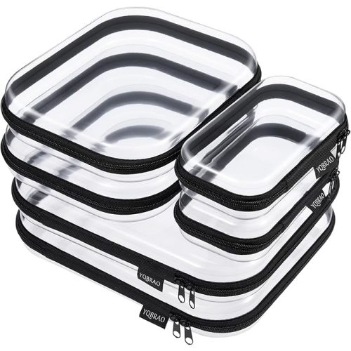 YQBRAO 6 Pack Sleek Black Clear Hard Shell Zipper Case, 1.2mm Heavy Duty Tech & Cosmetic Bags, Crush-Proof Electronic Storage & Makeup Organizer for Travel, Tools & Diaper Bag (2L+2M+2S)