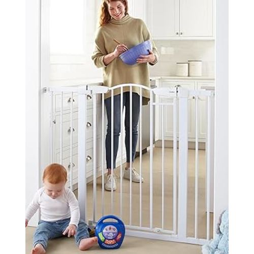 Cumbor 29.7-46" Wide Extra Tall Safety Dog and Baby Gate, Mom's Choice Awards Winner-36 Tall Pressure Mounted Auto Closed Pet Gate for Stairs,Doorway, Easy Walk Thru Child Gate for The House, White