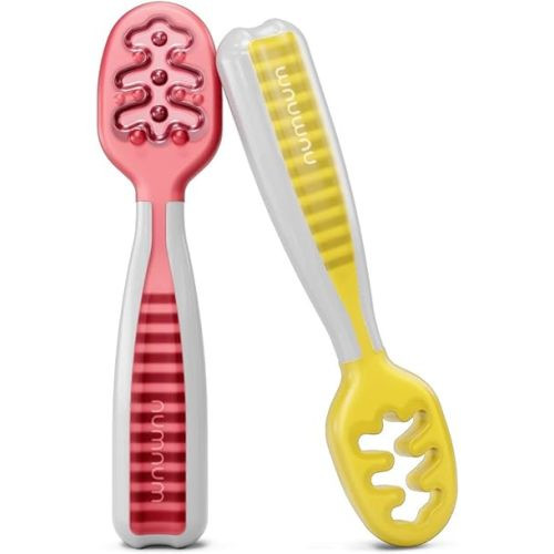 NumNum Baby Spoons Set, Pre-Spoon GOOtensils for Kids Aged 6+ Months - First Stage, Baby Led Weaning (BLW) Spoon - Self Feeding, Silicone Toddler Food Utensils - 2 Spoons, Red/Yellow