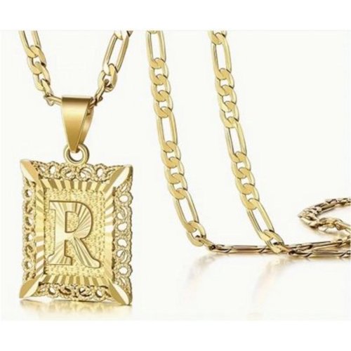 APIPEE Jewelry Initial Pendant Necklace for Men Womens, 14K Gold Plated Square Letter Capital Necklace Alphabets from A-Z Figaro Chain Necklace