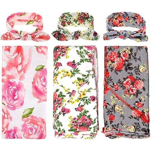 DRESHOW BQUBO 3 Sets Receiving Blanket with Headbands Newborn Baby Floral Printed Baby Shower Swaddle Gift