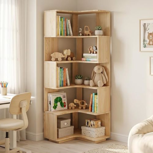 Tall Corner Bookshelf, 6-Tier Solid Pine Wood Corner Bookcase, 64" L-Shaped Book Shelf with Anti-Tip Kit, Freestanding Display Shelf for Small Spaces, Living Room, Home Office