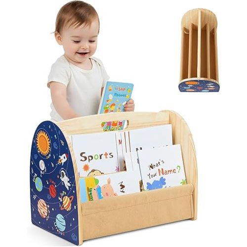 Toddler Bookshelf Double-Sided with 4 Tier Deep Sleeves Kids Wooden Montessori Book Rack for Baby Nursery Room, Playroom, Classroom or Bedroom Bookcase Storage Organizer, Blue Astronaut