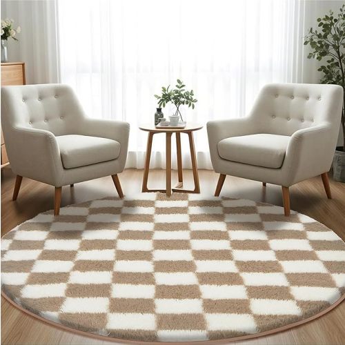 Super Soft Rug, Round Rug for Bedroom, 7X7 Ft Beige and White Checkered Round Rug Non-Slip High Pile Cute Soft Fluffy Rug for Living Room Bedroom Kids Room