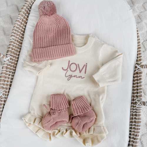 Newborn Cotton Embroidered Romper, Baby Hat and Bootie Set, Personalized Name Outfit for New Born