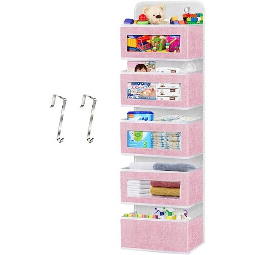 Homyfort Over The Door Organizer - Pink Wall Storage with 5 Large Pockets for Nursery, Girls Room, Pantry, Dorm, Bathroom, Closet