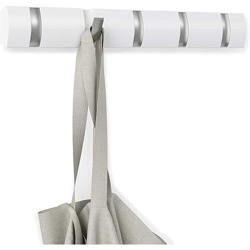 Umbra Flip Wall-Mounted Coat Rack Rail (5 Hooks, White/Satin Nickel)