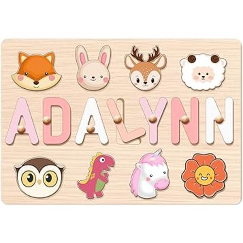 Name Puzzle for Kids Personalized, Custom Baby Gifts with Engraved Text Greetings on Back, Baby 1st Birthday Gifts for Girl and Boy, Wooden Puzzles for Toddlers 1-3, Toddlers Montessori Toys