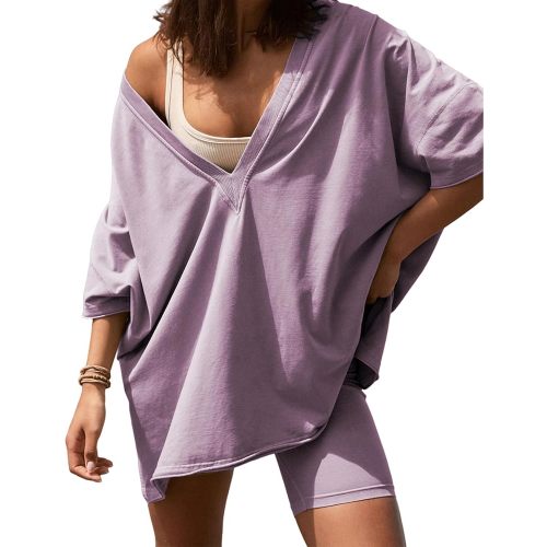 2 Two Piece Outfits for Women Summer Oversized Workout V Neck T Shirts Biker Shorts Matching Sets