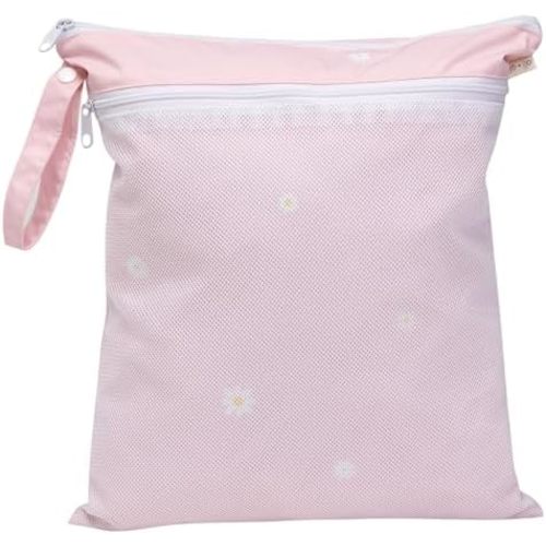 Ali+Oli Water Resistant Dual-Compartment Wet-Dry Bag for Travel, Hook to Stroller, Daycare, Diapers, Diaper Bag, Clutch Bag,15x12 inches (Blush Daisy)