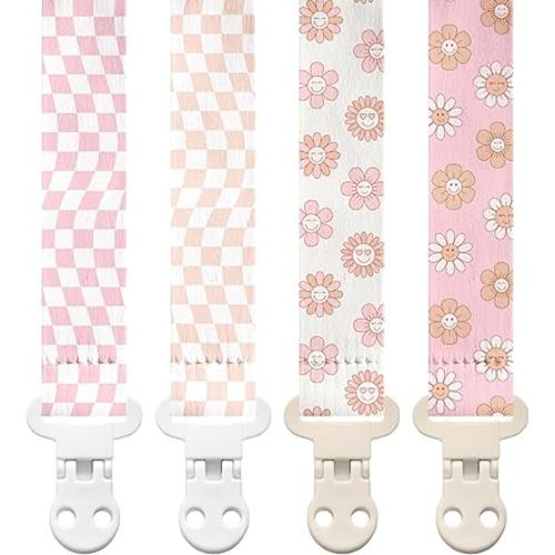Stadela Baby Pacifier Clip Holder - Girl 4 Pack Gift Set – Retro Checker Smiley Flowers Floral Pink Beige Yellow
