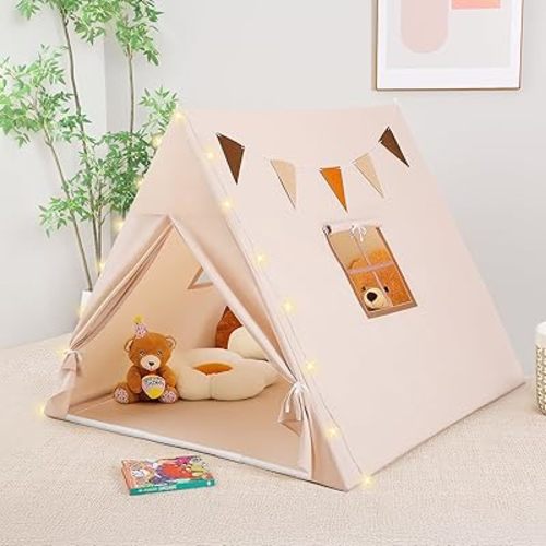 Kids Tent Indoor with Star Lights and Flags - Play Tent for Kids Ages 4-8, Toddler Playhouse for Girls Boys, Khaki